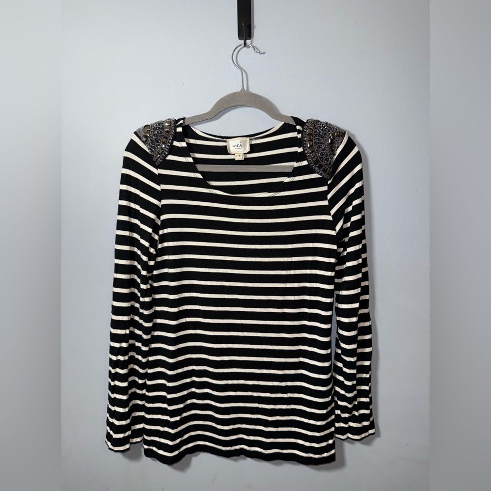 ECI Striped Stretchy Rhinestone Shoulder Detailed Long sleeve top Size M EUC